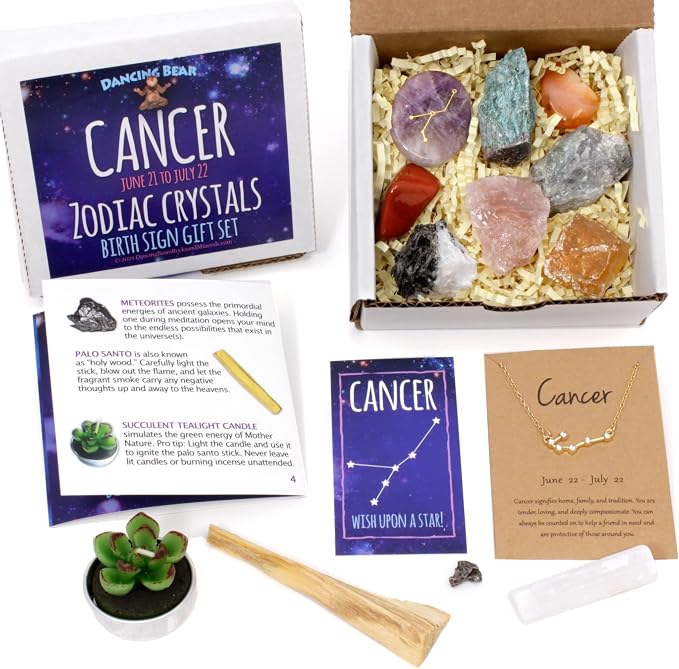 DANCING BEAR Cancer Zodiac Healing Crystals Gift Set, (14 Pc): 9 Stones, 18K Gold-Plated Constellation Necklace, Meteorite, Succulent Candle, Palo Santo Smudge Stick, and Info Guide, Made in The USA