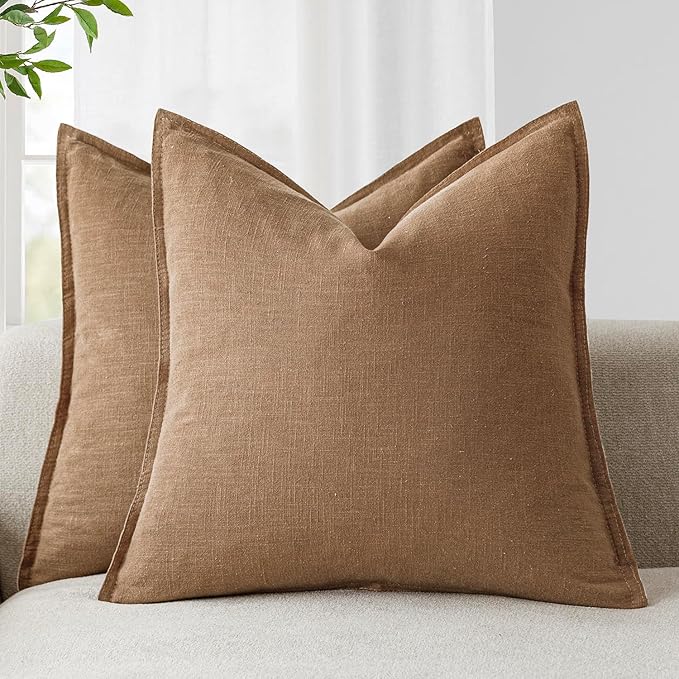 Foindtower Pack of 2, Decorative Linen Solid Throw Pillow Covers Soft Accent Cushion Case Boho Farmhouse Pillowcase for Chair Couch Sofa Bedroom Living Room Home Decor 24 x 24 Inch Light Khaki Brown