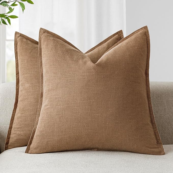 Foindtower Pack of 2, Decorative Linen Solid Throw Pillow Covers Soft Accent Cushion Case Boho Farmhouse Pillowcase for Chair Couch Sofa Bedroom Living Room Home Decor 22 x 22 Inch Light Khaki Brown