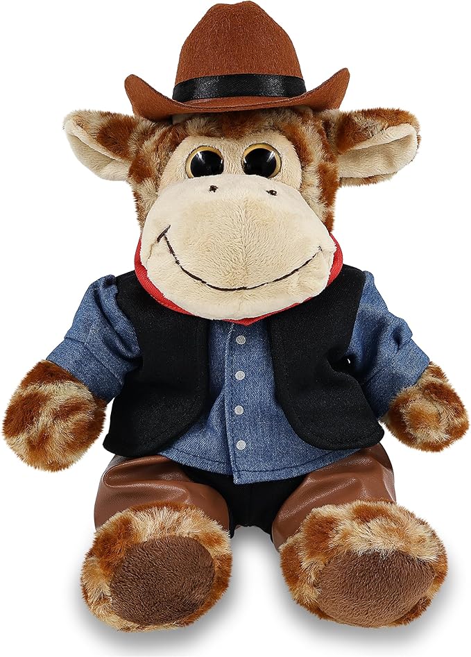DolliBu Sitting Giraffe Stuffed Animal Cowboy Plush with Name Personalization - Western-Themed Giraffe Plush with Cute Cowboy Costume Denim Shirt Vest, Bandana, Leather Pants, and Hat - 9 Inches