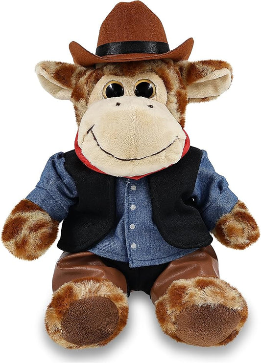 DolliBu Sitting Giraffe Stuffed Animal Cowboy Plush with Name Personalization - Western-Themed Giraffe Plush with Cute Cowboy Costume Denim Shirt Vest, Bandana, Leather Pants, and Hat - 9 Inches