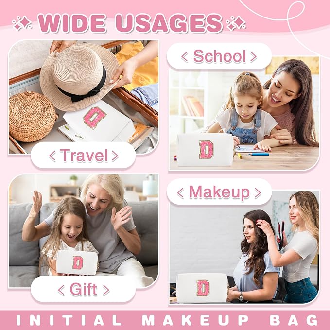 Small Personalized Initial A-Z Patch Makeup Bag,White Cute PU Leather Glitter Letter Cosmetic Bag for Teen Girls,Travel Toiletry Bag with Zipper,Preppy Monogrammed Birthday Gift for Daughter Niece D