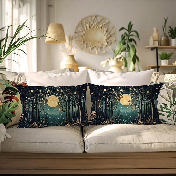Rustic William Morris Inspired Night Moon Forest Decor Pillow Covers 20x12 Set of 2,Vintage Black and Gold Nature Landscape Botanical Decorative Throw Pillow Covers for Home Bedroom Living Room