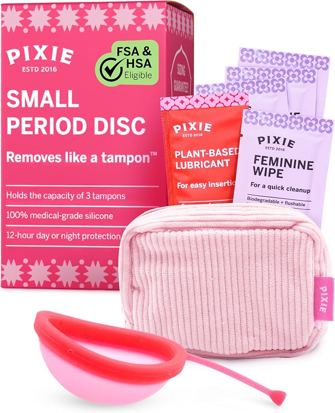 Pixie Menstrual Disc for Feminine Care - Ranked 1 for Best Tampon Alternative Period Disc - 100% Medical-Grade Silicone - Removes Like a Tampon - Wear 12 Hours - Capacity of 3 Tampons (Small)