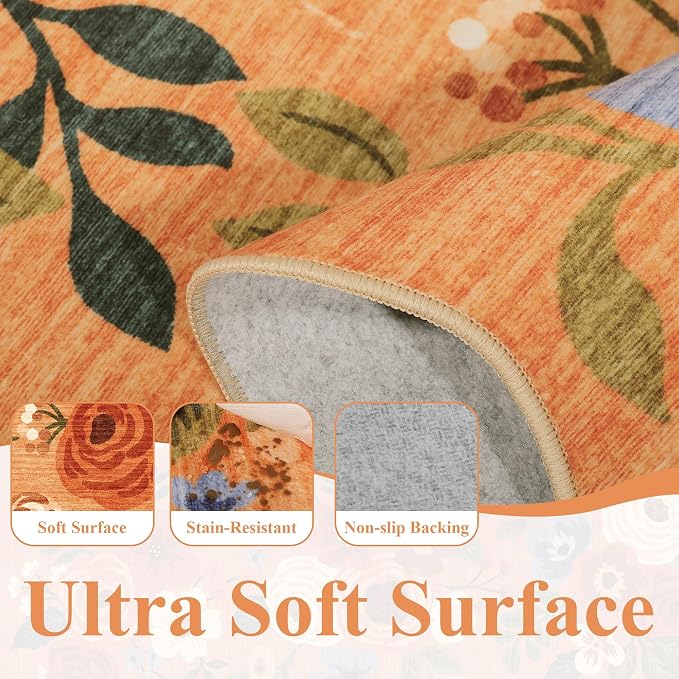 DUKINO 4x6 Area Rug, Non Slip Floral Washable Rug for Living Room, Orange | Low Pile, Stain Resistant, Soft Throw Rugs for Bedroom, Office, Dining Room, Nursery, Pet Friendly, Home Decor, Lightweight