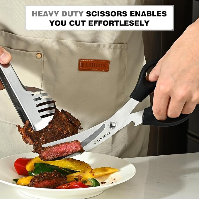Heavy Duty BBQ Shears, Super Sharp All Purpose Kitchen Poultry Shears, Korean Barbeque Scissors with Anti-slip Handle, Serrated Blades with Bottle Opener function