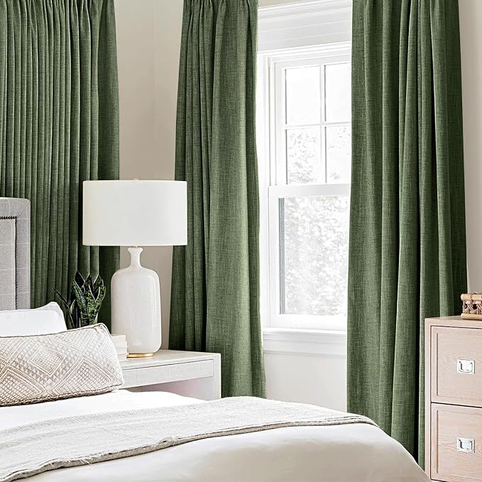 MIULEE 100% Blackout Linen Textured Curtains for Bedroom Solid Thermal Insulated Olive Green Grommet Room Darkening Curtains & Drapes Luxury Decor for Living Room 52 x 108 Inch (2 Panels)