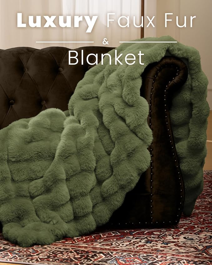 Ultra Soft Cozy Faux Fur Throw Blanket, Fuzzy Plush Thick Bubble Blanket, Oversize Luxury Fluffy Blanket for Couch, Bed, and Living Room, 60x80 Inches, Green