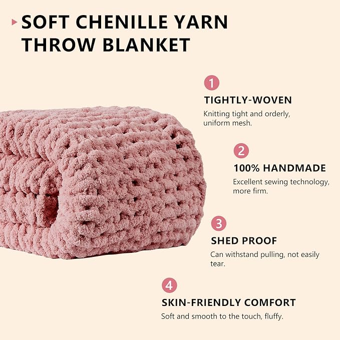 L'AGRATY Chunky Knit Throw Blanket for Couch, 72 x 84 Inches, Rose Pink | Handmade Chenille Crochet Blanket for Sofa Bed, Thick Cable Knitted Blankets for Room Home Decor, Birthday Gift for Women Mom