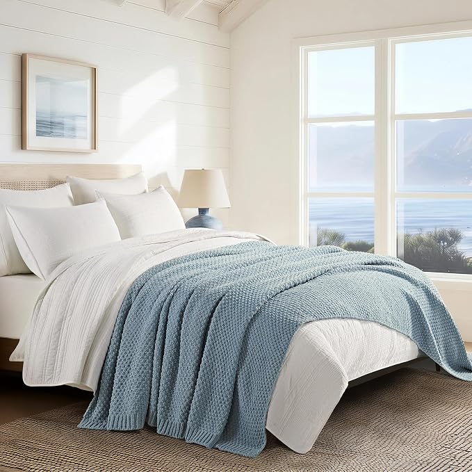 EVERGRACEHOME Chunky Chenille Knit Throw Blanket, 90 x 90, Chambray Blue | Sculpted Moss Stitch, Chic Modern Farmhouse, All-Season Warmth, OEKO-TEX® Certified, Oversized Queen for Couch, Bed, Sofa