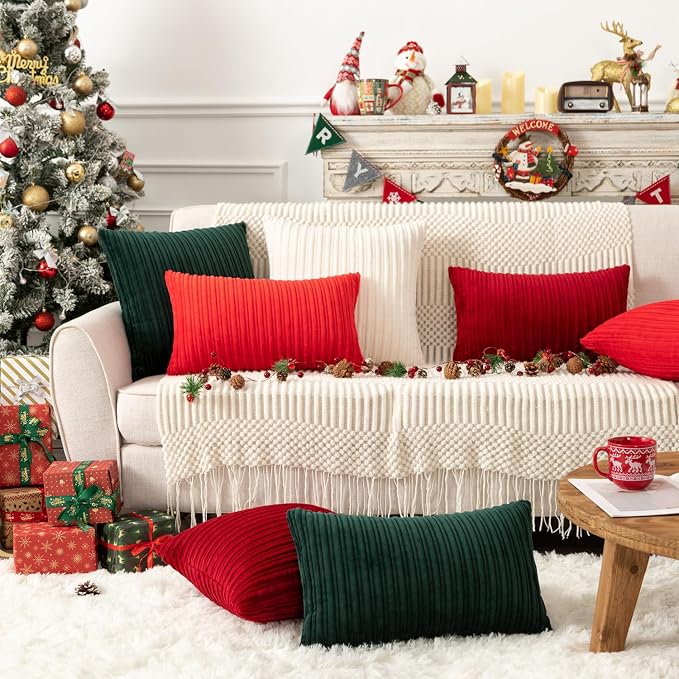 UGASA Pack of 2 Christmas Velvet Pillow Covers Striped, Soft Textured Throw Cushion Accent Corduroy Lumbar Hidden Zipper for Home Decor Indoor (12"x20", Burgundy)