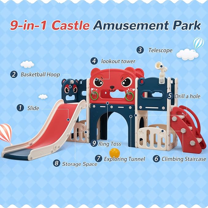 NYEEKOY 9-in-1 Toddler Slide and Climber Playset Freestanding Indoor Outdoor Kids Slide for Age 1-8, Backyard Playground with Basketball Hoop,Telescope,Storage Space