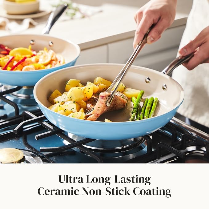 Redchef Ceramic Nonstick Frying Pan Set, Ceramic Skillets with Stay-Cool Stainless Steel Handles, Induction Compatible, PFAS PFOA PTFE Free, Oven Safe, 3 Cork Protective Pads, Sea Salt Blue（8+9.5+11"）