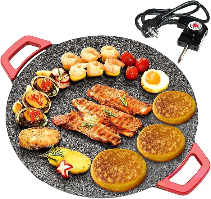Indoor Smokeless Electric Griddle, 2026 Upgraded 1500w Portable Electric Korean BBQ Grill, Non-stick Round Grill Pan for BBQ, Tortillas, Steaks, Burgers, Pancakes (14.2in)