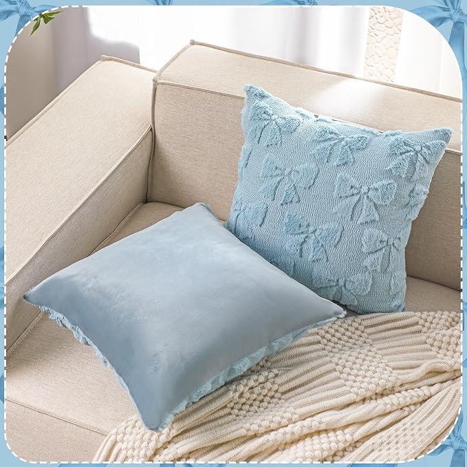 Mixweer Blue Bow Pillow Covers Set of 2 Preppy Room Decor Coquette Cute Spring Summer Decorative Faux Fur Soft Bowknot Stuff Fluffy Plush Aesthetic Pillowcase for Bed Sofa Couch (18 x 18 Inch)