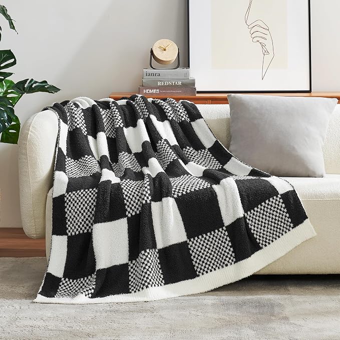 Snuggle Sac Checkered Blanket, Black White Throw Blanket for Couch Plaid Microfiber Fluffy Warm Fuzzy Cozy Soft Throw Blanket Reversible Checkered Blankets for Sofa, Chair, Bed, Twin(60"x80")