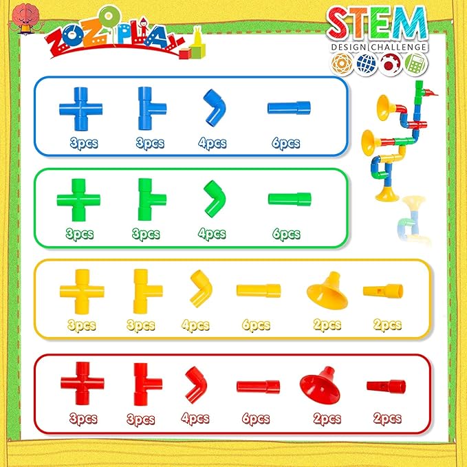 ZOZOPLAY STEM Toys Tube Locks, 72 Piece Tubular Pipes & Spouts & Joints & Whistles & Trumpet Toy, Learning Educational Building Block Set with Whistles Gift for Boys Girls