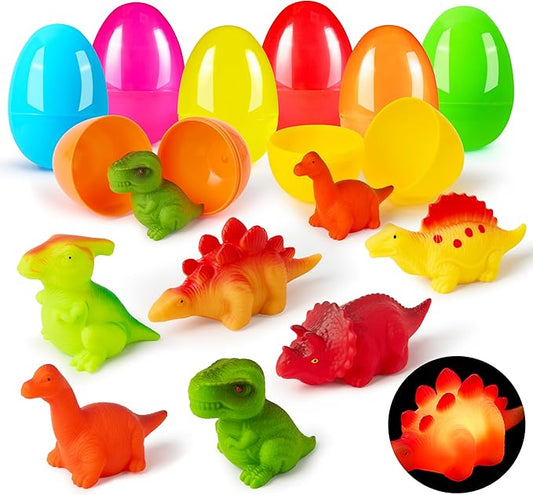 JOYIN 6 Pcs Prefilled Easter Eggs with Floating Dinosaur Light-up Bath Toys, Luminous Bathtub Toys for Kids Easter Eggs Hunt, Toddler Party Favor, Basket Stuffers Filler（Age 3+）