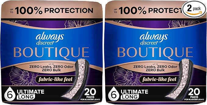 Always Discreet Boutique Adult Incontinence Bladder Leak Pads for Women, Ultimate Absorbency, Long Length, Up to 100% Bladder Leak Protection, 20 Count (Pack of 2)