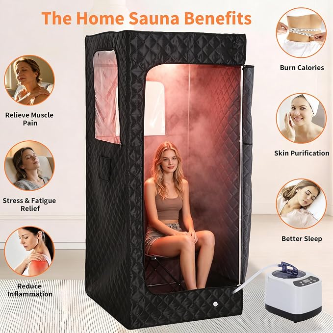 Garvee Infrared Sauna, Portable Sauna for Home with 3L 1200W Steamer, Folding Chair, Remote Control, 9 Temp Levels & 99 Min Timer, 32" x 32" x 71", Black