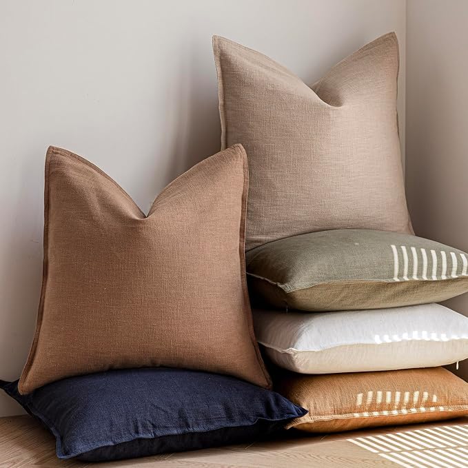 Foindtower Pack of 2, Decorative Linen Solid Throw Pillow Covers Soft Accent Cushion Case Farmhouse Neutral Pillowcase for Chair Couch Sofa Bedroom Living Room Home Decor 24 x 24 Inch Tan Beige