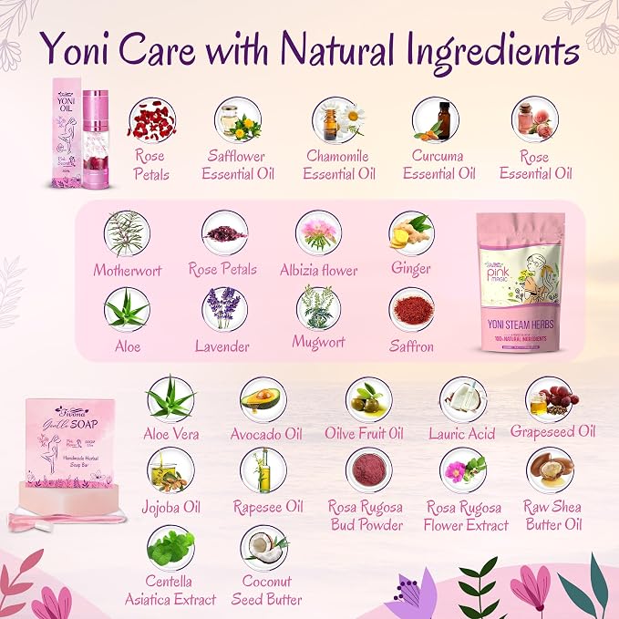 Fivona Yoni Care Kit 5-in-1 V-Steaming Set Includes Sitz Bath Seat, Pink Magic Herbs, Feminine Oil, Herbal Soap, Storage Bag, All Natural Herbal Vaginal Care Set