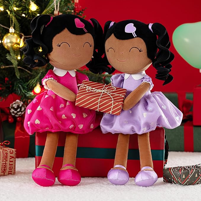 Gloveleya Personalized Baby Doll – Custom Name Rag Doll with Curly Hair & Purple Heart Dress | Birthday Gift for Girls Toddlers Kids | Soft Keepsake Plush Toy 16"