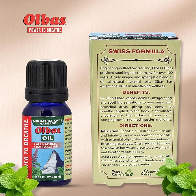 Olbas Aromatherapy Inhalant and Massage Oil Pack of 1 (10 ml), Body Massage Oil, Swiss Herbal Remedies with Pure Essential Massage Oils for Muscle Relaxing and Soothing Comfort for Pain Relief