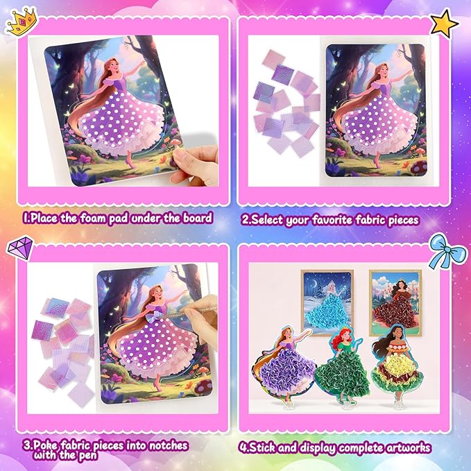 8PCS Poke Art Kits - Magical Princesses, Mess-Free Fabric Creative Art, DIY Arts and Crafts Toys for Kids Ages 3-12, Birthday Christmas Gifts & Party Favors for Girls & Boys 4, 5, 6, 7, 8, 9 Years Old