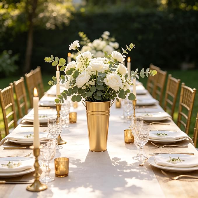 Hosley Set of 2 Gold Bucket/Pot Vase with PVC Liner, 6.25" L x 5" W x 9" H Ideal Gift for Floral Arrangements Wedding Home Office Party DIY Indoor Outdoor Garden Patio