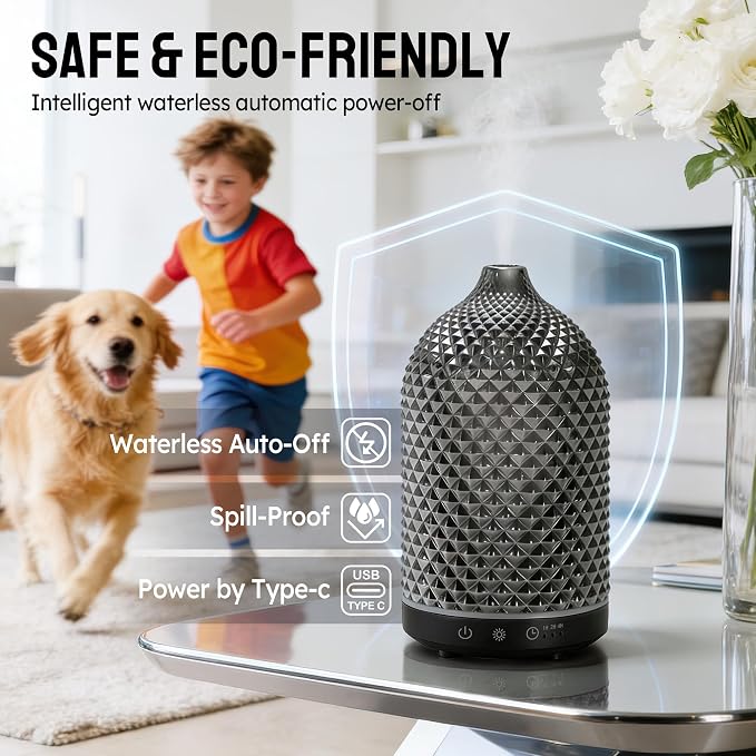 Essential Oil Diffuser 150ml, Glass Diffuser with Ultrasonic Small Humidifier, 7 Color Lights, 1/2/4H Timer, Quiet Auto Shut-Off Oil Diffuser for Bedroom, Home, Office (Black)