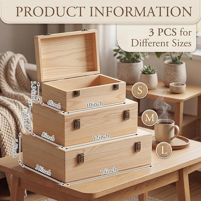 Sliner 3 Pcs Wooden Decorative Storage Boxes with Lids Vintage Wood Organizer Bins for Your Bookshelf Home Decor Safely Store Photos Documents Memory Jewelry Craft Storage (Natural Wood,S M L Size)