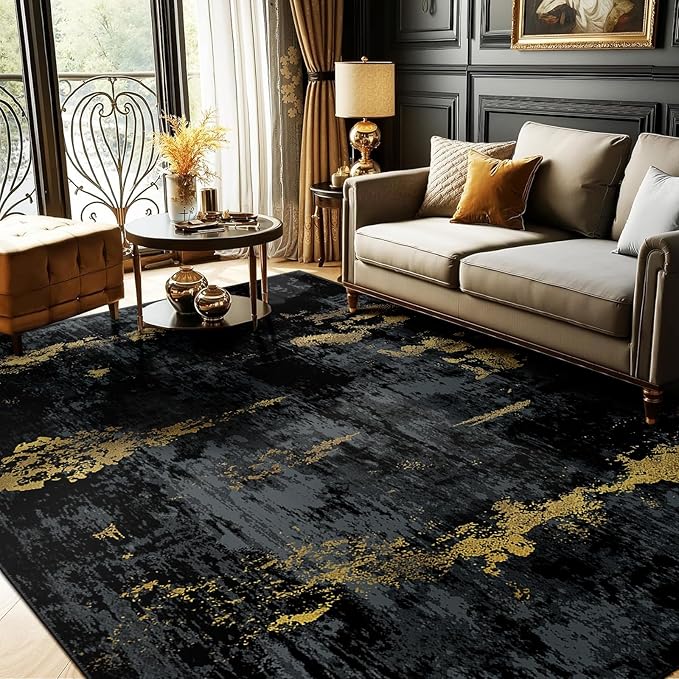 RELEANY Washable 9'x12' Abstract Area Rug for Living Room Black Gold | carpet for bedroom, kitchen, office, hallway and entryway, printed pattern, non-slip, soft, stain-resistant, easy to clean