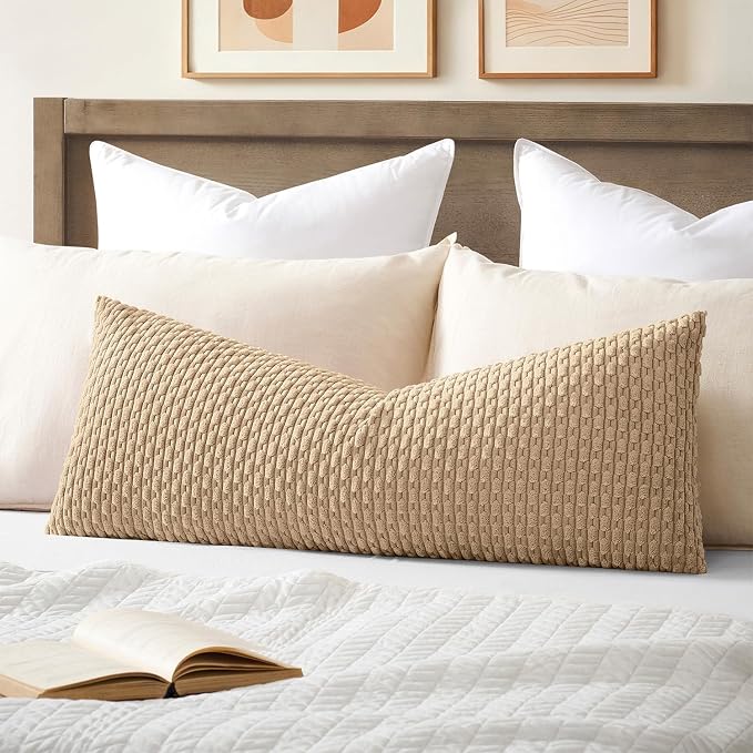 Kevin Textile Soft Corduroy 20"x54" Body Pillow Cover 1 Pack, Tan | Boho Stripe Plush Corduroy Decorative Oblong Cushion Cover Modern Farmhouse Home Decor for Sofa Couch Bed Chair