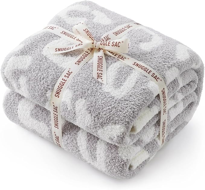Snuggle Sac Leopard Queen Size Grey Microfiber Fluffy Warm Cozy Fuzzy Soft Blanket Reversible Cheetah Blankets for Bed, Couch, Sofa, 90x90 inches