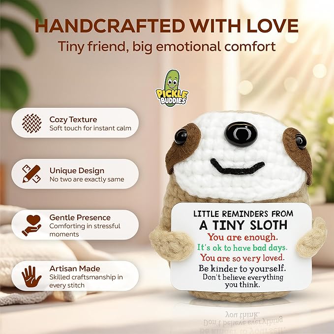 Positive Crochet Animals Sloth Dog - Handmade Emotional Support Crochet Doll Desk Decor Pickle Gifts Emotional Support Plush for Anxiety & Stress Relief