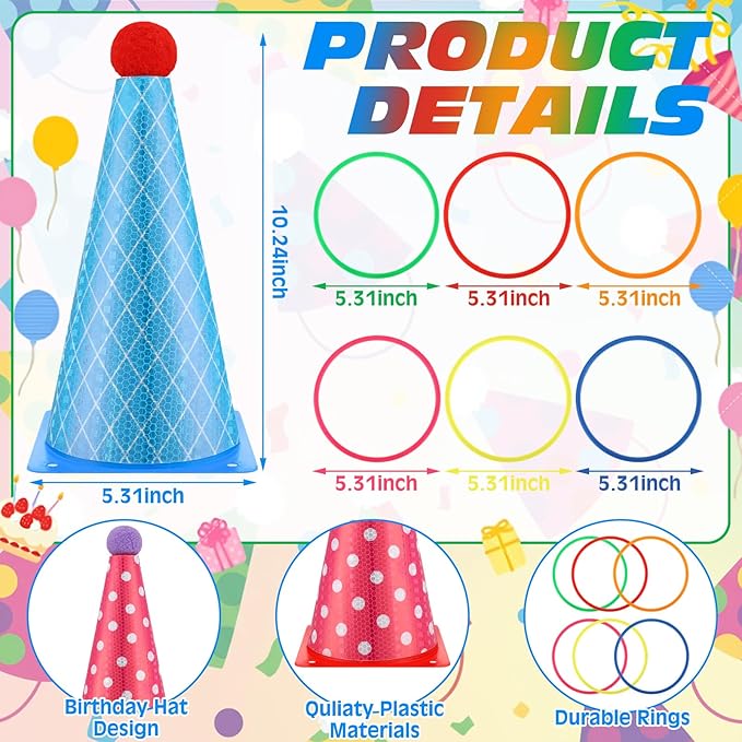 Seenelling 24 Pcs Plastic Ring Toss Game, Birthday Party Game 6 Birthday Hat Cones and 18 Colorful Rings Outdoor Sport Toss Toys Backyard Lawn Cone and Ring for Family Party Activities