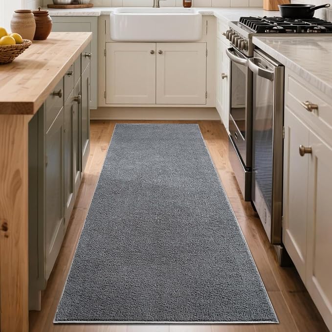 FinRèc 2x6 Washable Runner Rugs for Kitchen Hallway Bedroom, Low Pile Thin Rug Solid Color, Non-Slip Carpet Indoor for Home Decor (Pure Dark Grey)