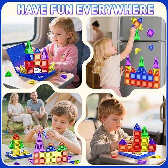 Travel Mini Magnetic Tiles 60 PCS, STEM Yoys Magnetic Building Toys for Kids Ages 4-8 with Iron Case, Blocks Building Preschool Learning Sensory Montessori Toys for 3+ Year Old Boys and Girls