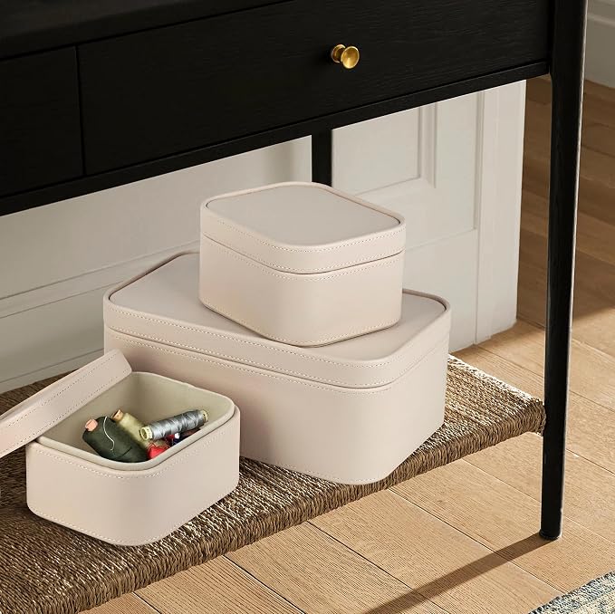 HofferRuffer Faux Leather Decorative Storage Boxes, Dust proof Storage Shelf Baskets with Lids Trays, Storage Bins Memory Box Organizer for Home, Office, Jewelry & More, Set of 3 (CreamWhite)