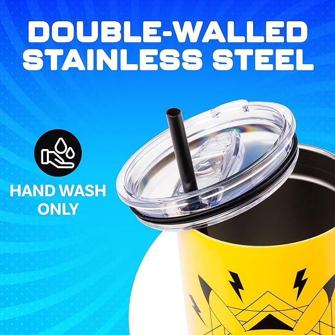 Silver Buffalo Pokémon Lightning Double Walled Stainless Steel Tumbler with Handle Featuring Pikachu, Fits in Standard Cup Holder, 40 Ounces