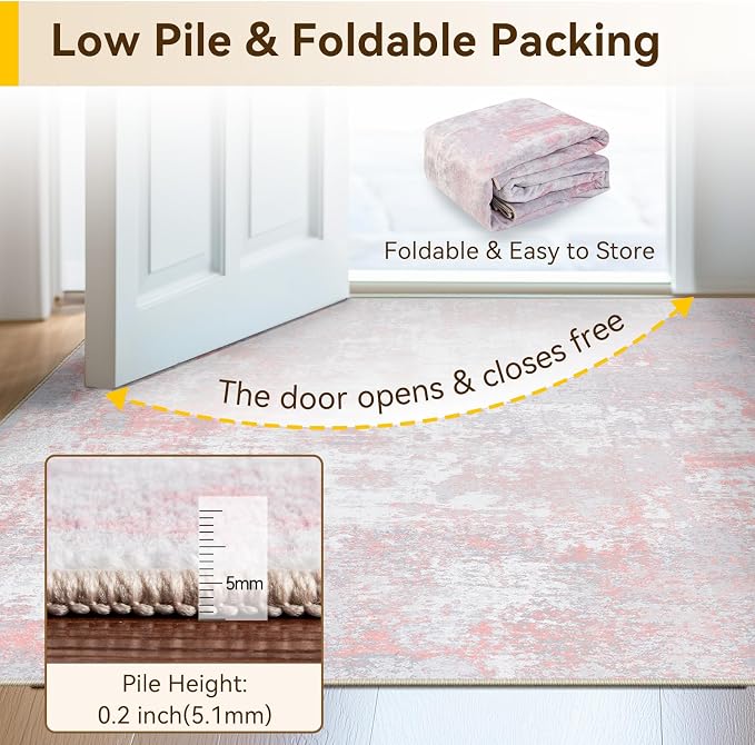 RELEANY Washable Area Rugs Square 7ft Non-Slip Modern Abstract Soft for Living Room Entryway Bedroom Kitchen, Print Pattern, Grey Pink