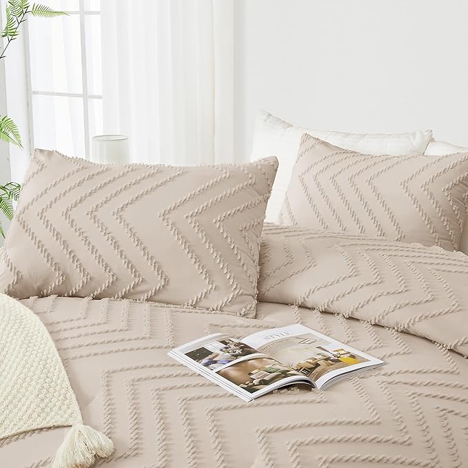 Andency Khaki California King Comforter Set, Boho Cal King Soft Warm Tufted Neutral Bedding Comforter Sets, 3 Pieces Cali King Aesthetic Chevron Farmhouse Cute Bohemian Textured Bedding Set
