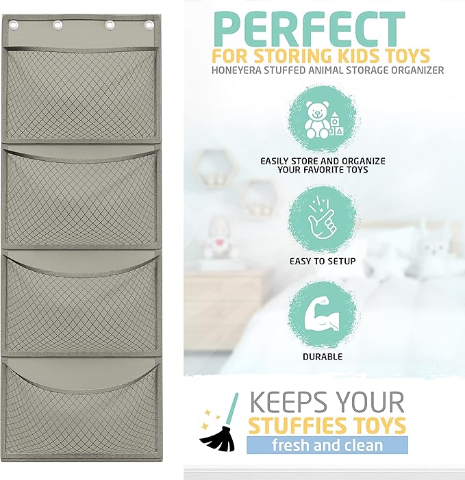 Honeyera Over Door Organizer for Stuffies, Baby Accessories, and Toy Plush Storage - Easy Installation with Breathable Hanging Storage Pockets (Gray)