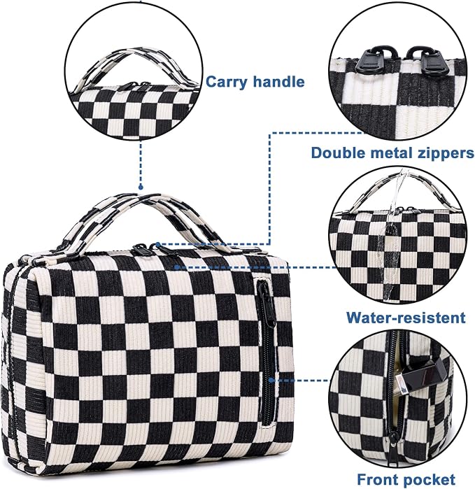 Bluboon Makeup Bag Zipper Pouch Travel Portable Cosmetic Bag Organizer for Women and Girls(Corduroy Checkered)