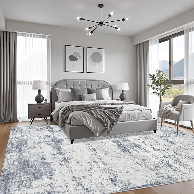 8x10 Area Rug Living Room Rug: Washable Modern Abstract Soft Thin Rug Indoor Floor No Slip Carpet for Bedroom Dining Room Farmhouse Nursery Home Office - Blue Grey