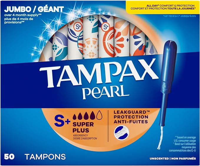 Tampax Pearl Tampons Super Plus Absorbency, with Leakguard Braid, Unscented, 50 Count (Pack of 2)