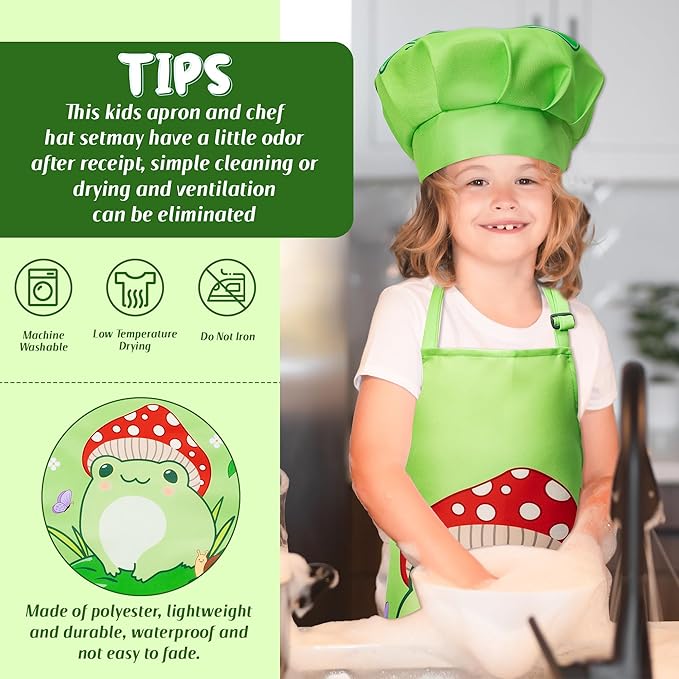 R HORSE Kid Apron and Chef Hat Set - 2Pcs Frog Adjustable Children Kitchen Apron Dress up Role Play Chef Toy Kid Cooking Gift Birthday for Kids Cooking Baking Painting and Training
