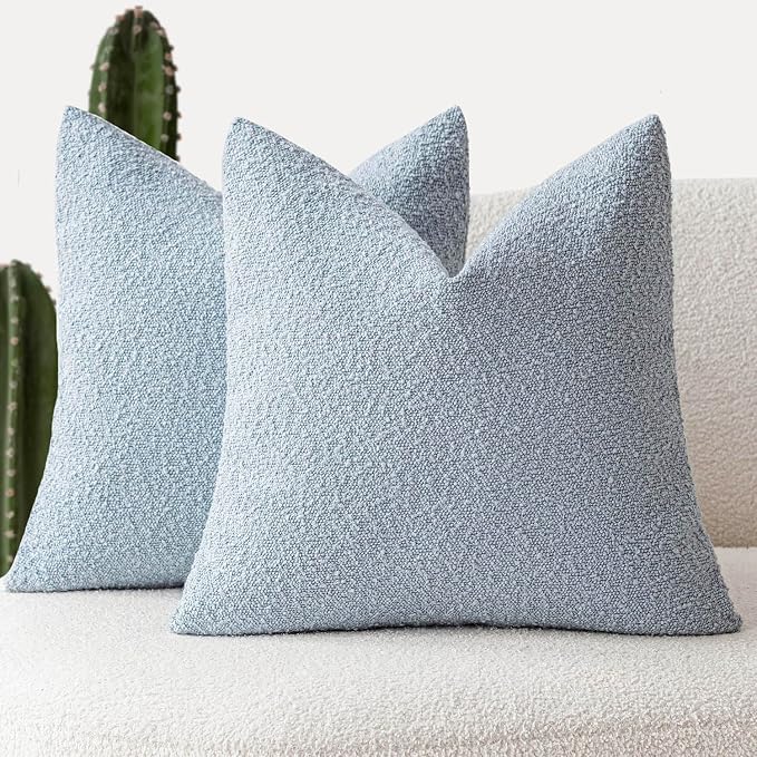 Foindtower Set of 2, Decorative Textured Boucle Throw Pillow Covers Accent Solid Pillow Cases Neutral Soft Cozy Couch Cushion Case for Chair Sofa Bedroom Living Room Home Decor 26 x 26 Inch Light Blue