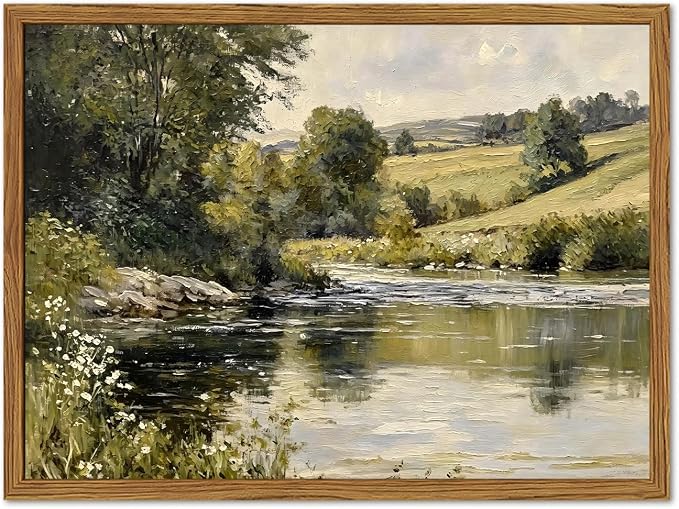 Framed Vintage Landscape Wall Art, Country Nature River Pictures Wall Decor, Rustic Field Paintings Canvas Prints Farmhouse Home Decor Aesthetic for Living Room Bedroom Bathroom 12x16 inch